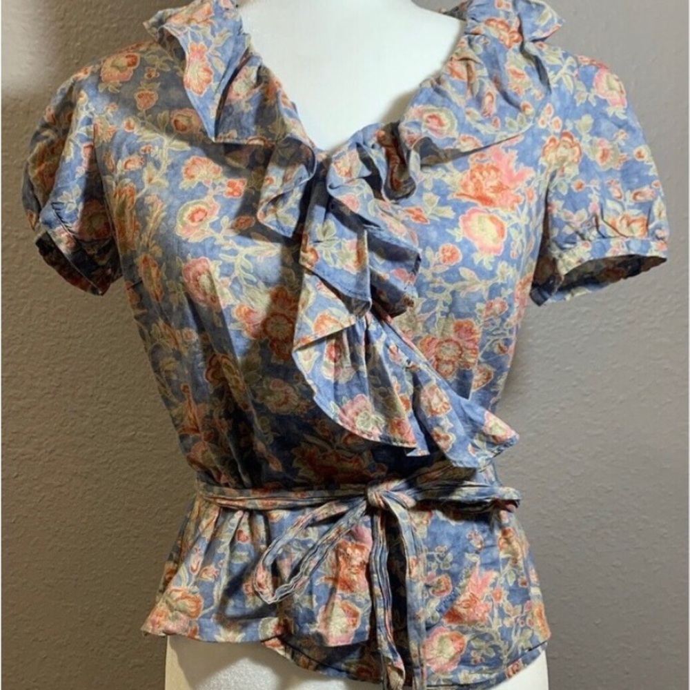 Ralph Lauren Women True Wrap Shirt Blue Floral Ruffle Wrap Ruffle Top